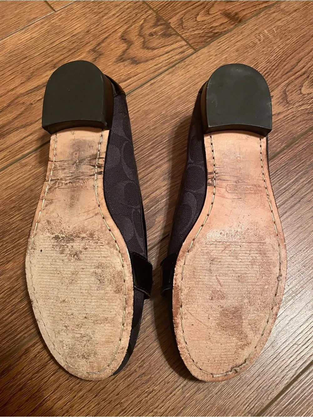 Coach Eloise Signature Black Logo Print Patent Trim Loafers Silver Buckle